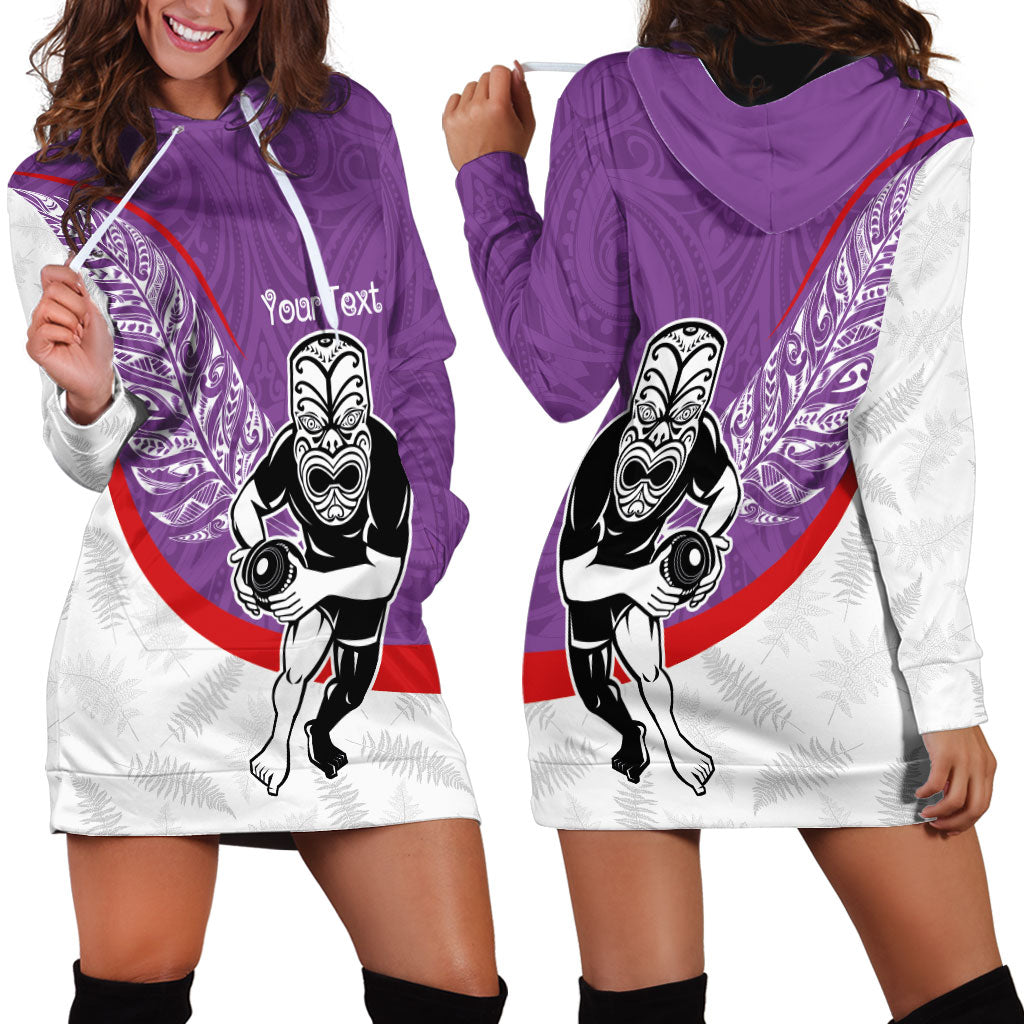Personalised Aotearoa Lawn Bowls Hoodie Dress Maori Warrior and Silver Fern Sporty Style Purple