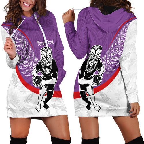 Personalised Aotearoa Lawn Bowls Hoodie Dress Maori Warrior and Silver Fern Sporty Style Purple