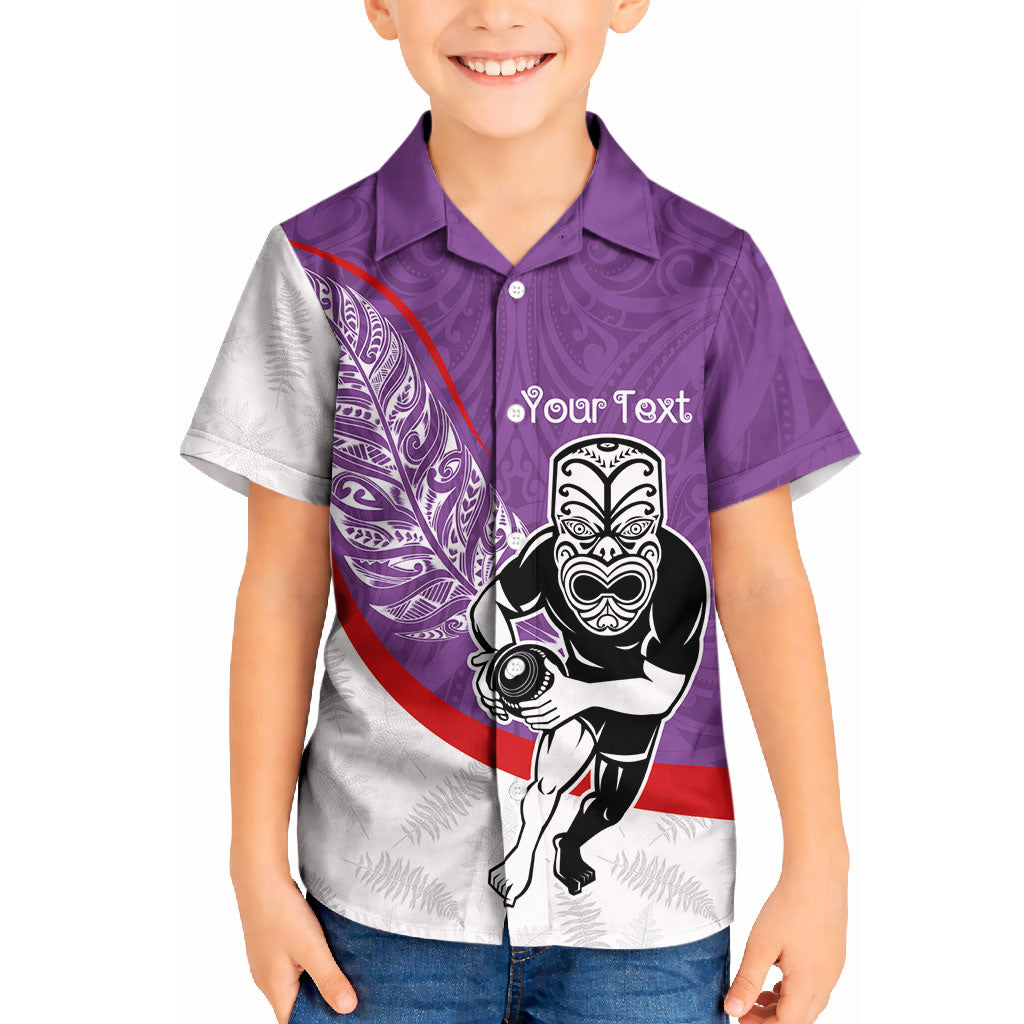 Personalised Aotearoa Lawn Bowls Kid Hawaiian Shirt Maori Warrior and Silver Fern Sporty Style Purple