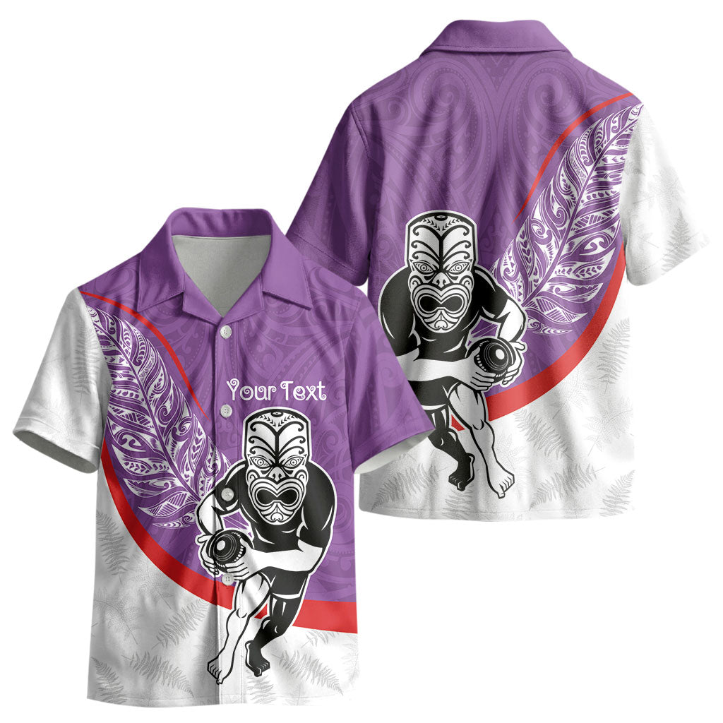 Personalised Aotearoa Lawn Bowls Kid Hawaiian Shirt Maori Warrior and Silver Fern Sporty Style Purple