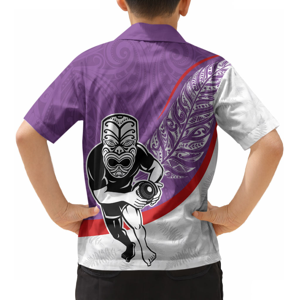 Personalised Aotearoa Lawn Bowls Kid Hawaiian Shirt Maori Warrior and Silver Fern Sporty Style Purple