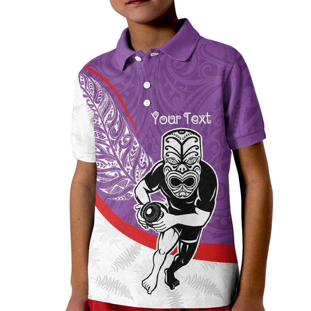 Personalised Aotearoa Lawn Bowls Kid Polo Shirt Maori Warrior and Silver Fern Sporty Style Purple