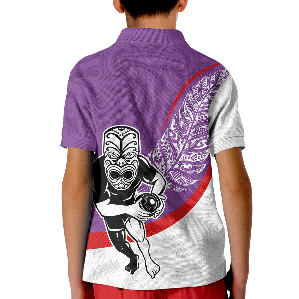 Personalised Aotearoa Lawn Bowls Kid Polo Shirt Maori Warrior and Silver Fern Sporty Style Purple