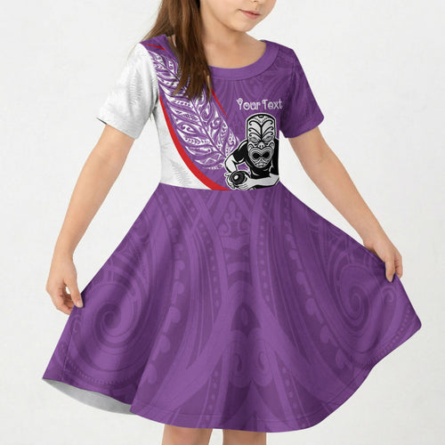 Personalised Aotearoa Lawn Bowls Kid Short Sleeve Dress Maori Warrior and Silver Fern Sporty Style Purple