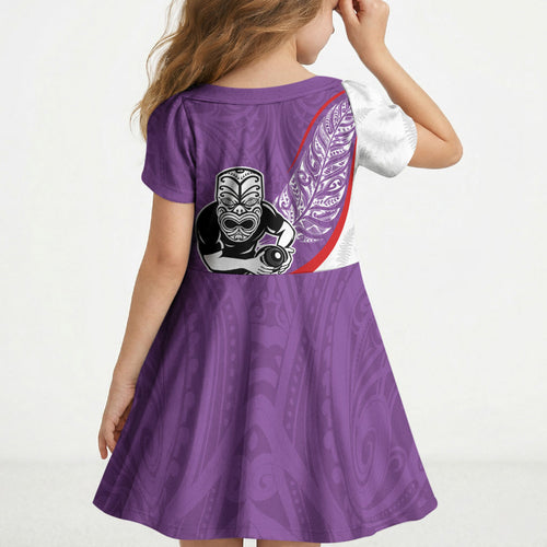 Personalised Aotearoa Lawn Bowls Kid Short Sleeve Dress Maori Warrior and Silver Fern Sporty Style Purple