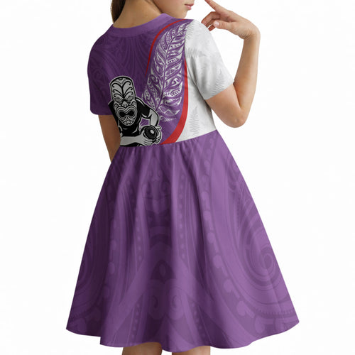 Personalised Aotearoa Lawn Bowls Kid Short Sleeve Dress Maori Warrior and Silver Fern Sporty Style Purple