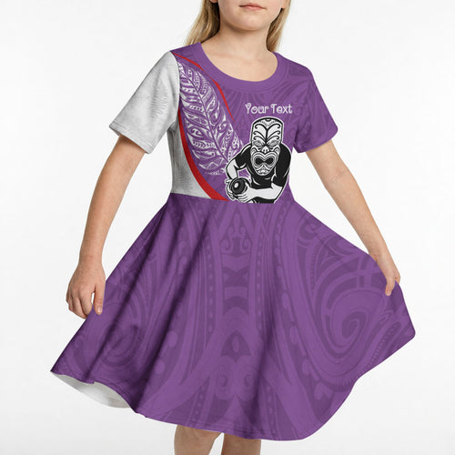 Personalised Aotearoa Lawn Bowls Kid Short Sleeve Dress Maori Warrior and Silver Fern Sporty Style Purple