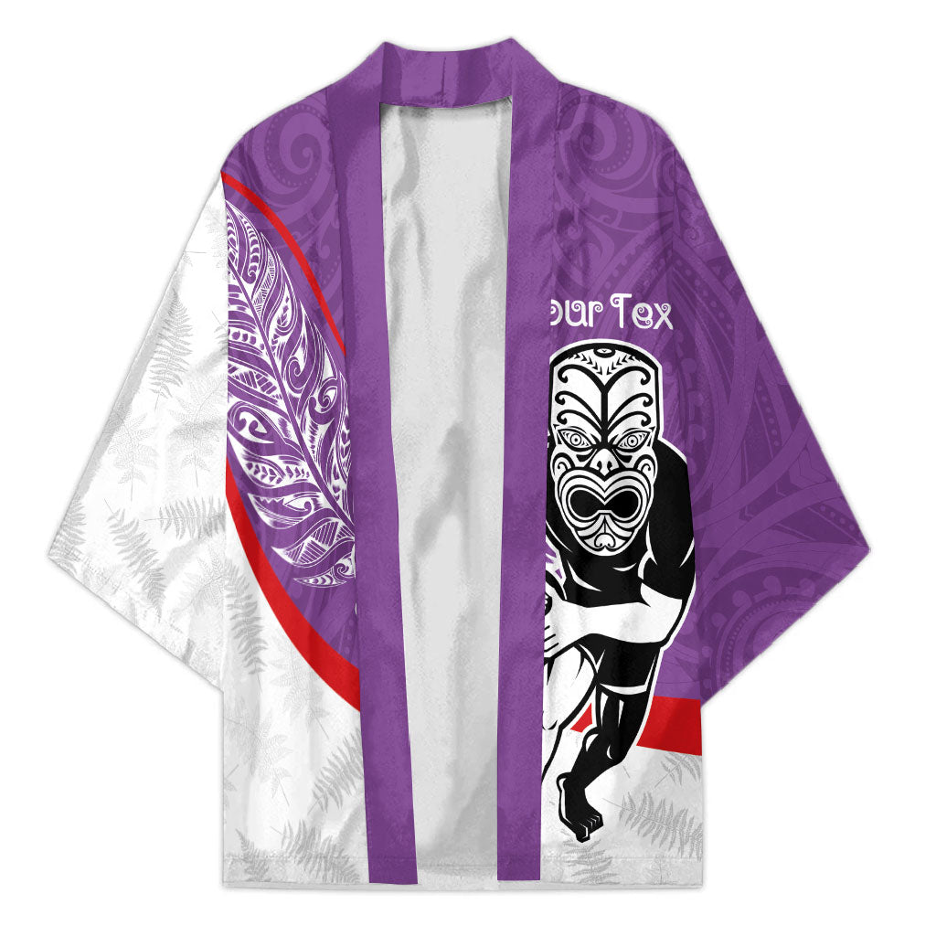 Personalised Aotearoa Lawn Bowls Kimono Maori Warrior and Silver Fern Sporty Style Purple