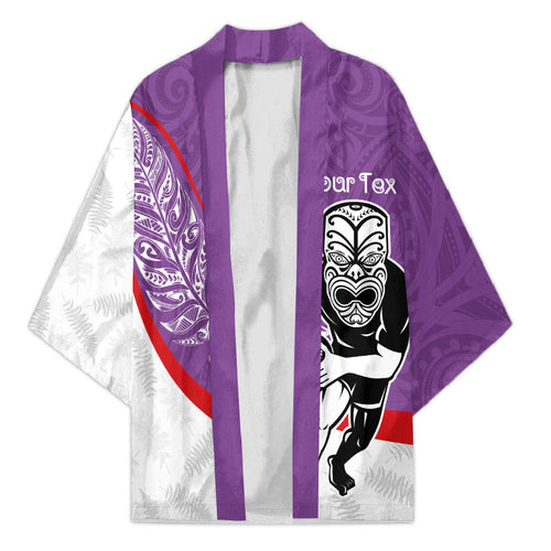 Personalised Aotearoa Lawn Bowls Kimono Maori Warrior and Silver Fern Sporty Style Purple