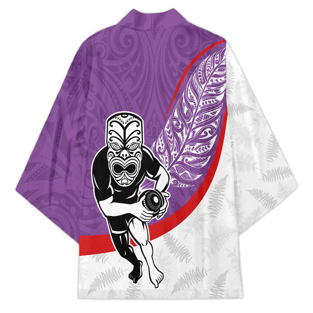 Personalised Aotearoa Lawn Bowls Kimono Maori Warrior and Silver Fern Sporty Style Purple