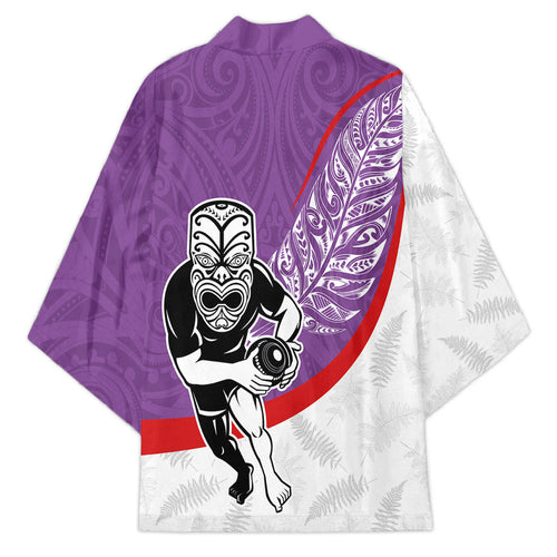 Personalised Aotearoa Lawn Bowls Kimono Maori Warrior and Silver Fern Sporty Style Purple