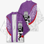 Personalised Aotearoa Lawn Bowls Kimono Maori Warrior and Silver Fern Sporty Style Purple