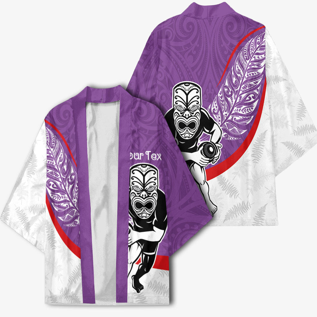 Personalised Aotearoa Lawn Bowls Kimono Maori Warrior and Silver Fern Sporty Style Purple