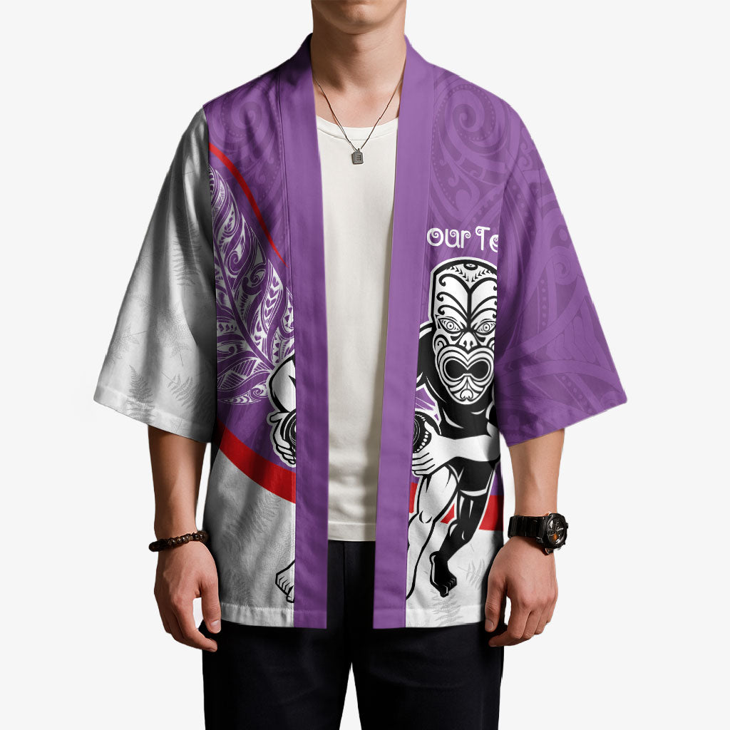 Personalised Aotearoa Lawn Bowls Kimono Maori Warrior and Silver Fern Sporty Style Purple