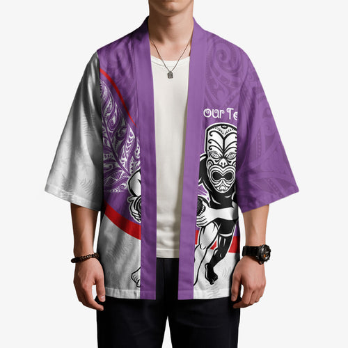 Personalised Aotearoa Lawn Bowls Kimono Maori Warrior and Silver Fern Sporty Style Purple
