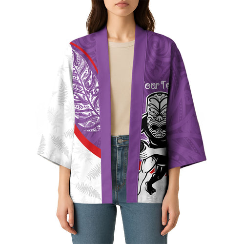 Personalised Aotearoa Lawn Bowls Kimono Maori Warrior and Silver Fern Sporty Style Purple