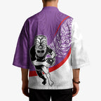 Personalised Aotearoa Lawn Bowls Kimono Maori Warrior and Silver Fern Sporty Style Purple