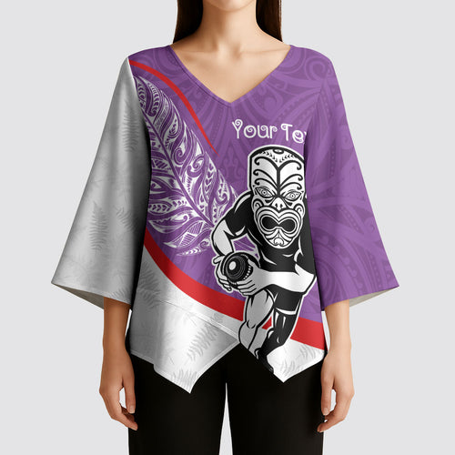 Personalised Aotearoa Lawn Bowls Kimono Sleeve Blouse Maori Warrior and Silver Fern Sporty Style Purple