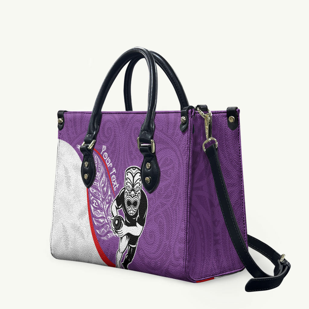 Personalised Aotearoa Lawn Bowls Leather Bag Maori Warrior and Silver Fern Sporty Style Purple