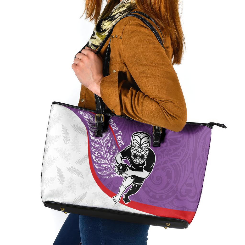 Personalised Aotearoa Lawn Bowls Leather Tote Bag Maori Warrior and Silver Fern Sporty Style Purple