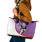 Personalised Aotearoa Lawn Bowls Leather Tote Bag Maori Warrior and Silver Fern Sporty Style Purple