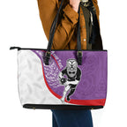 Personalised Aotearoa Lawn Bowls Leather Tote Bag Maori Warrior and Silver Fern Sporty Style Purple