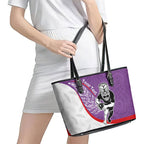 Personalised Aotearoa Lawn Bowls Leather Tote Bag Maori Warrior and Silver Fern Sporty Style Purple
