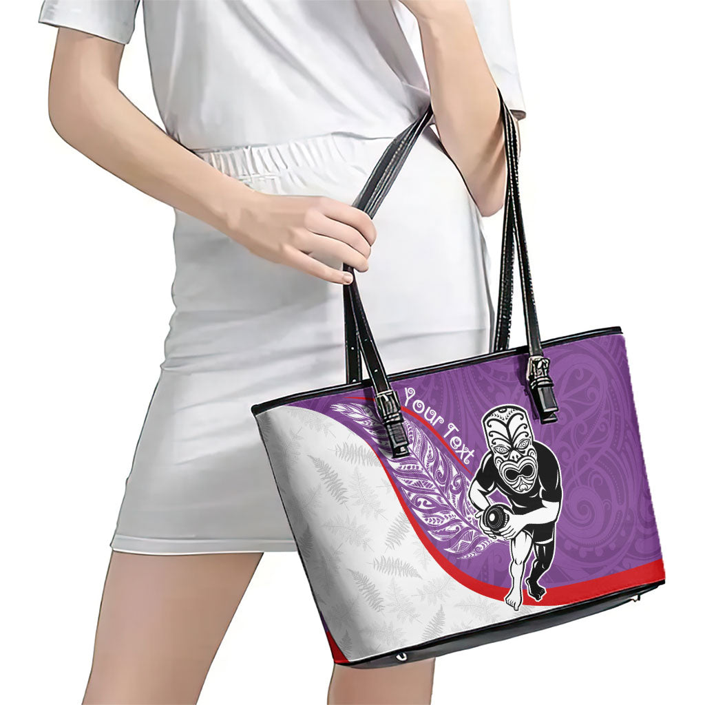 Personalised Aotearoa Lawn Bowls Leather Tote Bag Maori Warrior and Silver Fern Sporty Style Purple