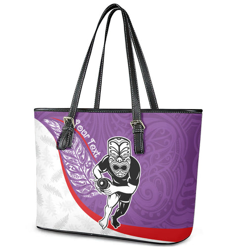 Personalised Aotearoa Lawn Bowls Leather Tote Bag Maori Warrior and Silver Fern Sporty Style Purple