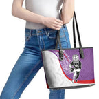 Personalised Aotearoa Lawn Bowls Leather Tote Bag Maori Warrior and Silver Fern Sporty Style Purple