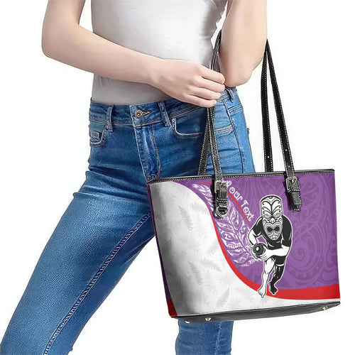 Personalised Aotearoa Lawn Bowls Leather Tote Bag Maori Warrior and Silver Fern Sporty Style Purple