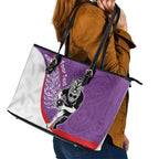 Personalised Aotearoa Lawn Bowls Leather Tote Bag Maori Warrior and Silver Fern Sporty Style Purple