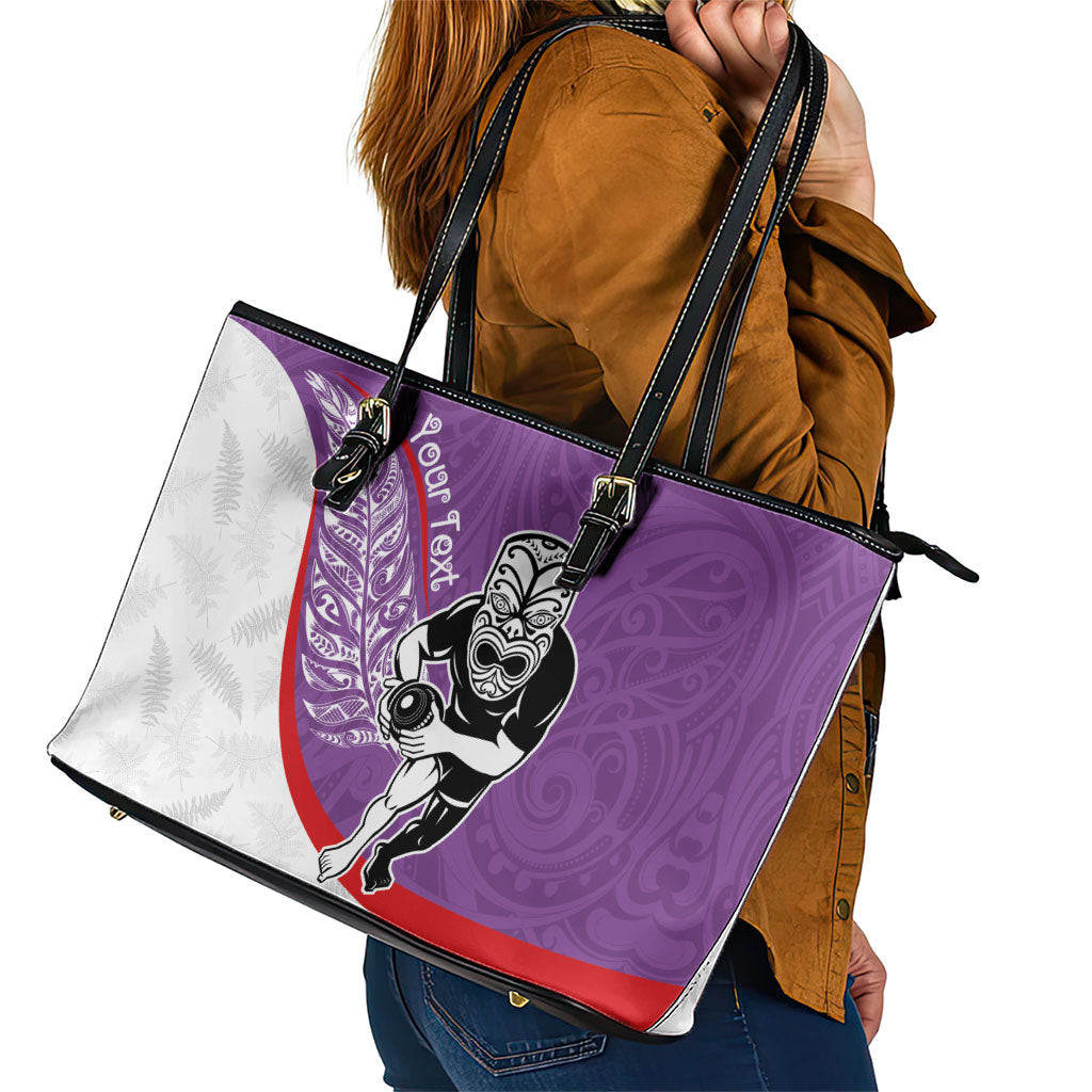 Personalised Aotearoa Lawn Bowls Leather Tote Bag Maori Warrior and Silver Fern Sporty Style Purple