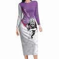 Personalised Aotearoa Lawn Bowls Long Sleeve Bodycon Dress Maori Warrior and Silver Fern Sporty Style Purple