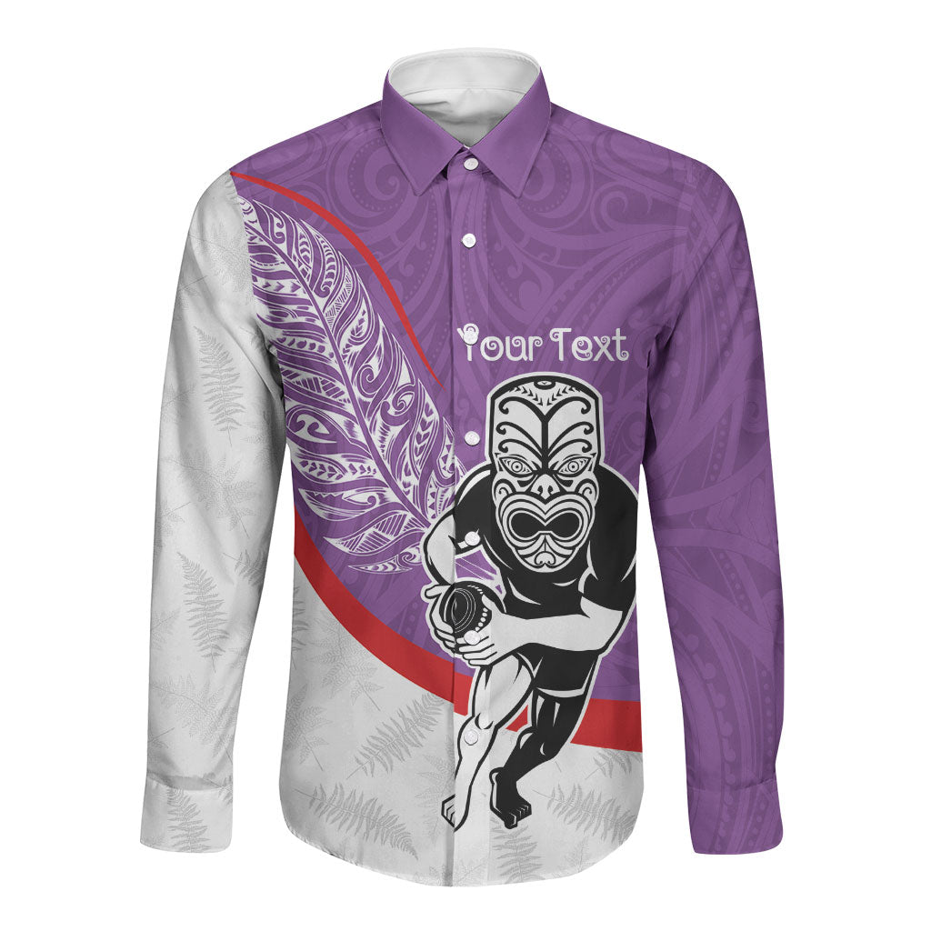 Personalised Aotearoa Lawn Bowls Long Sleeve Button Shirt Maori Warrior and Silver Fern Sporty Style Purple