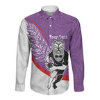 Personalised Aotearoa Lawn Bowls Long Sleeve Button Shirt Maori Warrior and Silver Fern Sporty Style Purple