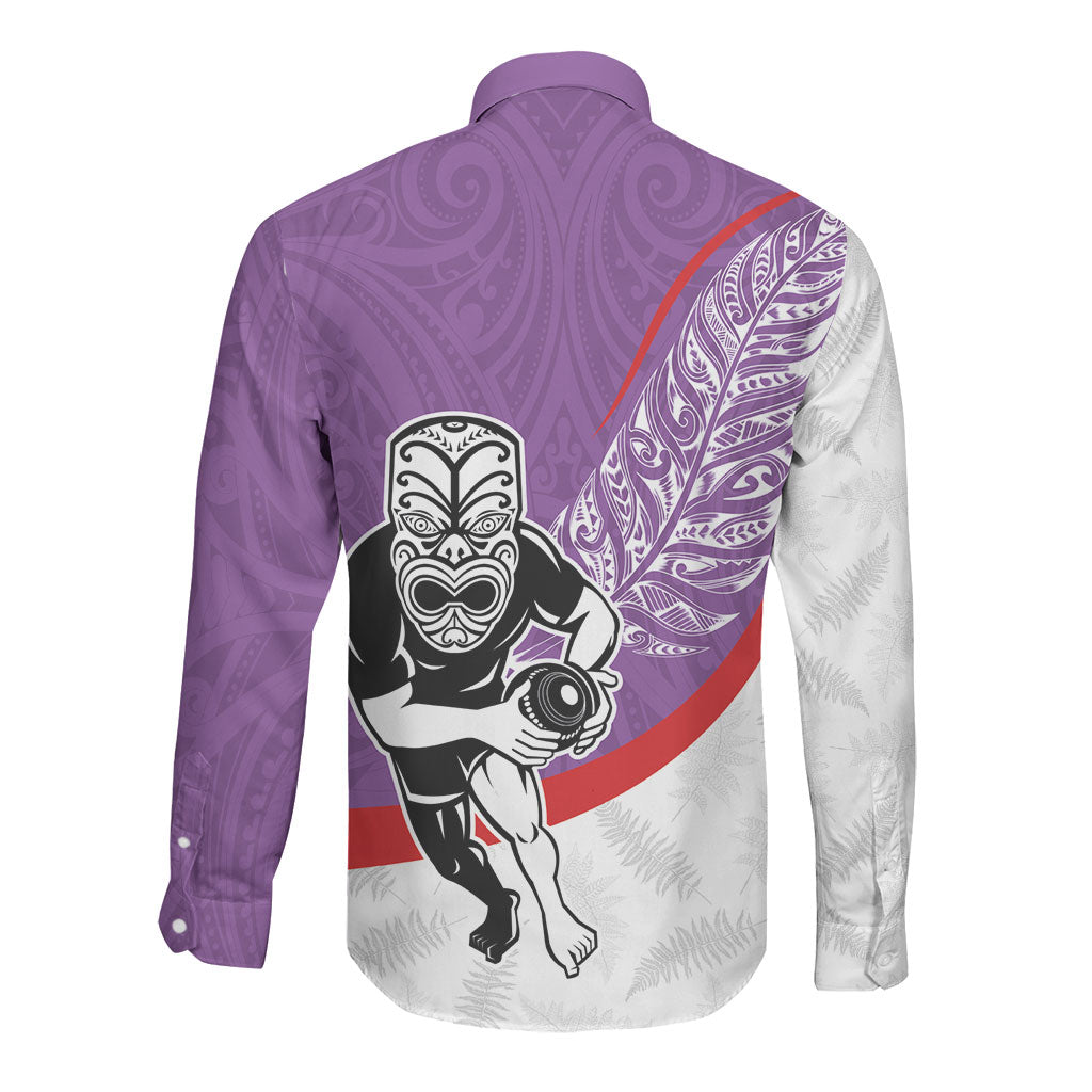 Personalised Aotearoa Lawn Bowls Long Sleeve Button Shirt Maori Warrior and Silver Fern Sporty Style Purple