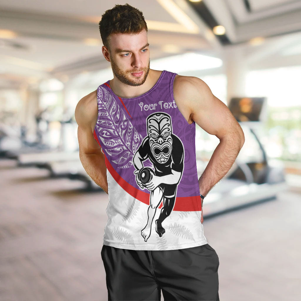 Personalised Aotearoa Lawn Bowls Men Tank Top Maori Warrior and Silver Fern Sporty Style Purple