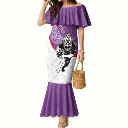 Personalised Aotearoa Lawn Bowls Mermaid Dress Maori Warrior and Silver Fern Sporty Style Purple