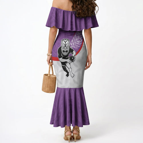 Personalised Aotearoa Lawn Bowls Mermaid Dress Maori Warrior and Silver Fern Sporty Style Purple