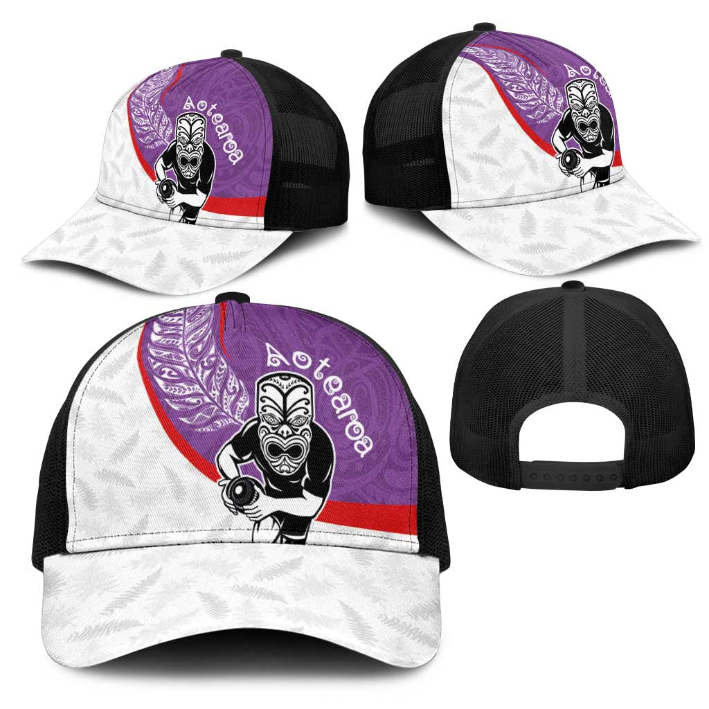 Aotearoa Lawn Bowls Mesh Trucker Cap Maori Warrior and Silver Fern Sporty Style Purple
