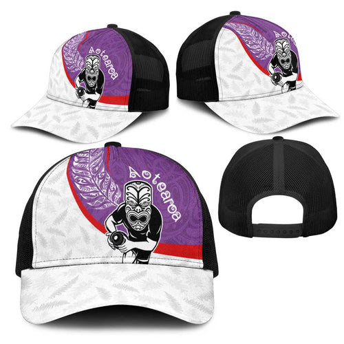 Aotearoa Lawn Bowls Mesh Trucker Cap Maori Warrior and Silver Fern Sporty Style Purple