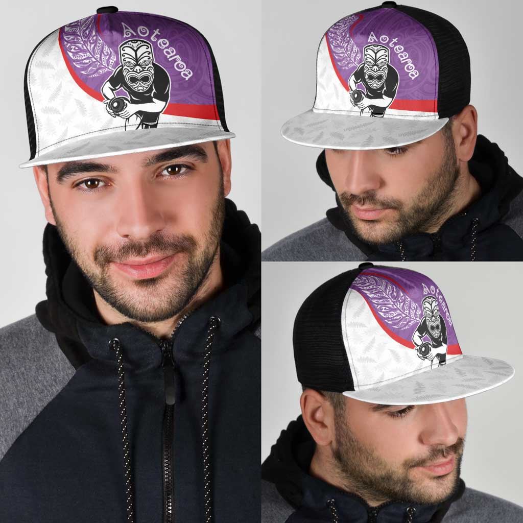 Aotearoa Lawn Bowls Mesh Trucker Cap Maori Warrior and Silver Fern Sporty Style Purple