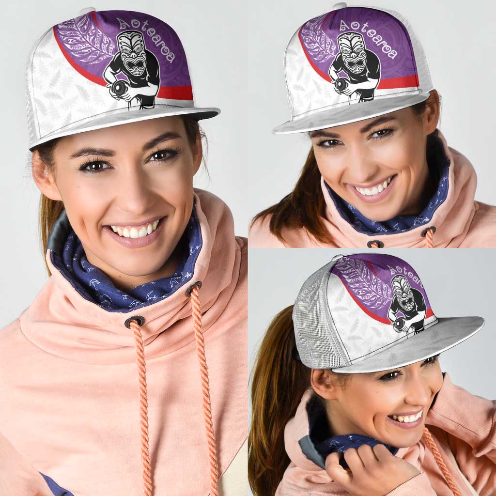 Aotearoa Lawn Bowls Mesh Trucker Cap Maori Warrior and Silver Fern Sporty Style Purple