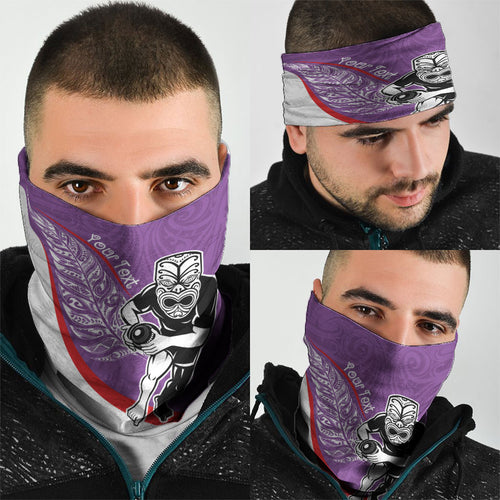 Personalised Aotearoa Lawn Bowls Neck Gaiter Maori Warrior and Silver Fern Sporty Style Purple