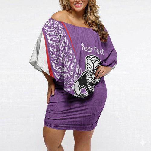 Personalised Aotearoa Lawn Bowls Off Shoulder Short Dress Maori Warrior and Silver Fern Sporty Style Purple
