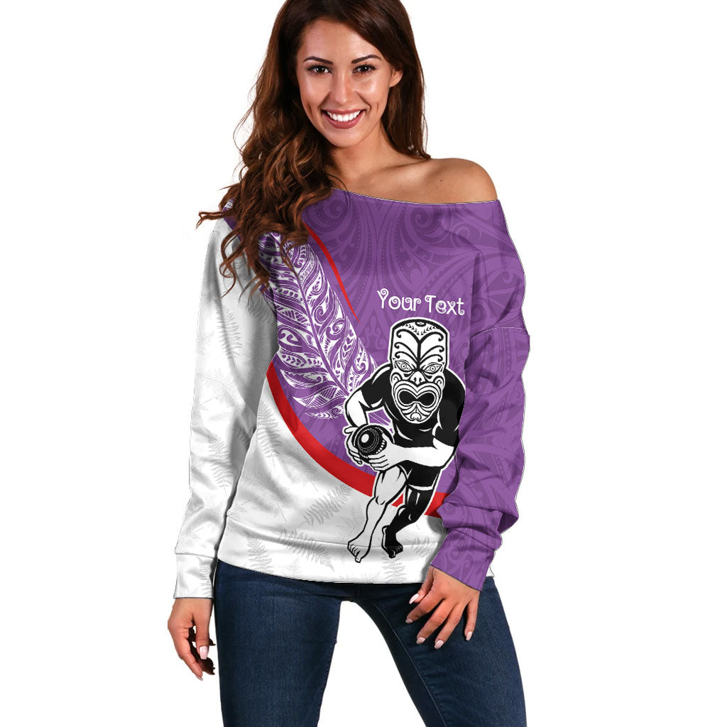 Personalised Aotearoa Lawn Bowls Off Shoulder Sweater Maori Warrior and Silver Fern Sporty Style Purple