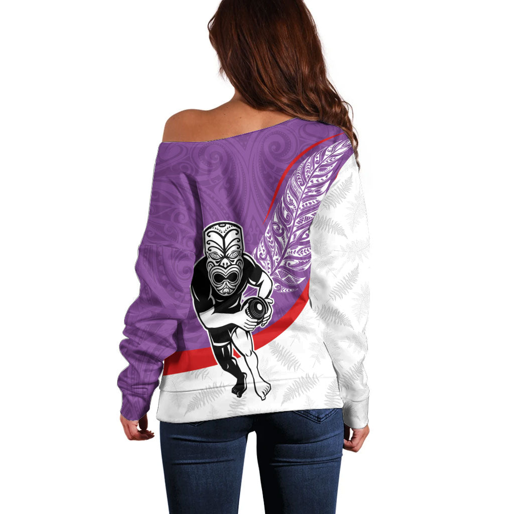 Personalised Aotearoa Lawn Bowls Off Shoulder Sweater Maori Warrior and Silver Fern Sporty Style Purple