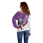 Personalised Aotearoa Lawn Bowls Off Shoulder Sweater Maori Warrior and Silver Fern Sporty Style Purple