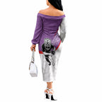 Personalised Aotearoa Lawn Bowls Off The Shoulder Long Sleeve Dress Maori Warrior and Silver Fern Sporty Style Purple